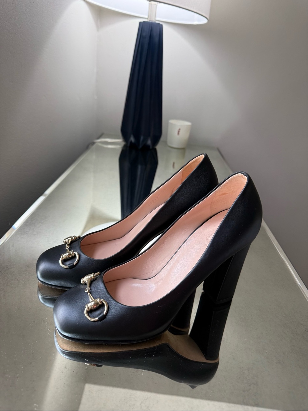 Gucci Black Leather Block Heel Pumps with Gold Horsebit , Size 7.5 ( 38) - Picture 3 of 9